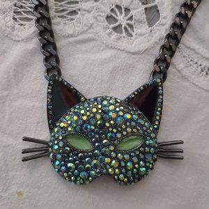 Betsey Johnson Rhinestone Cat Head Glow In The Dark Necklace Pendant